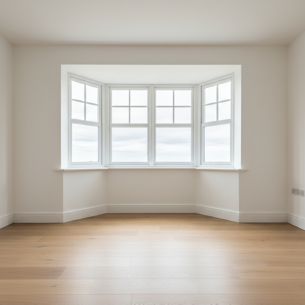 An interior shot of a bright, newly refurbished room showcasing a large bay window fitted with fresh double-glazed units, white uPVC frames, and tidy internal trim. A smooth, light oak laminate floor and plain white walls create a minimal, uncluttered space. Daylight floods through the glass from a cloudy sky, producing soft, even lighting with gentle, linear shadows beneath the sill. The camera is positioned at eye level, using a wide-angle lens to capture the full bay and part of the room, with strong verticals and horizontal lines kept straight. The mood is calm, orderly, and professional, conveying comfort and energy efficiency. Photographic realism with a balanced, corporate aesthetic, ideal for illustrating the lifestyle benefits of window replacement.
