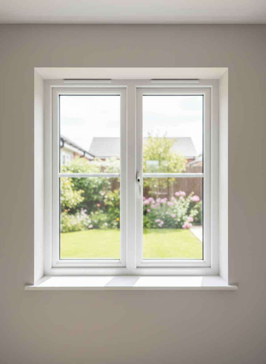 A newly installed, large double-glazed window with slim white uPVC frames, perfectly aligned within a freshly plastered interior wall. The glass is crystal clear, showing a softly blurred suburban garden outside. Clean lines define the frame joints and seals, emphasizing precision workmanship. Soft, diffused daylight enters from outside, creating gentle reflections on the glass and subtle shadows along the window sill. The composition is eye-level and centered, with a wide angle that captures the full window and a portion of the neutral-toned wall. The mood is professional, calm, and reassuring, conveying reliability and quality. Photographic realism with a clean, modern, corporate aesthetic, and a balanced layout suitable for a business homepage hero image.