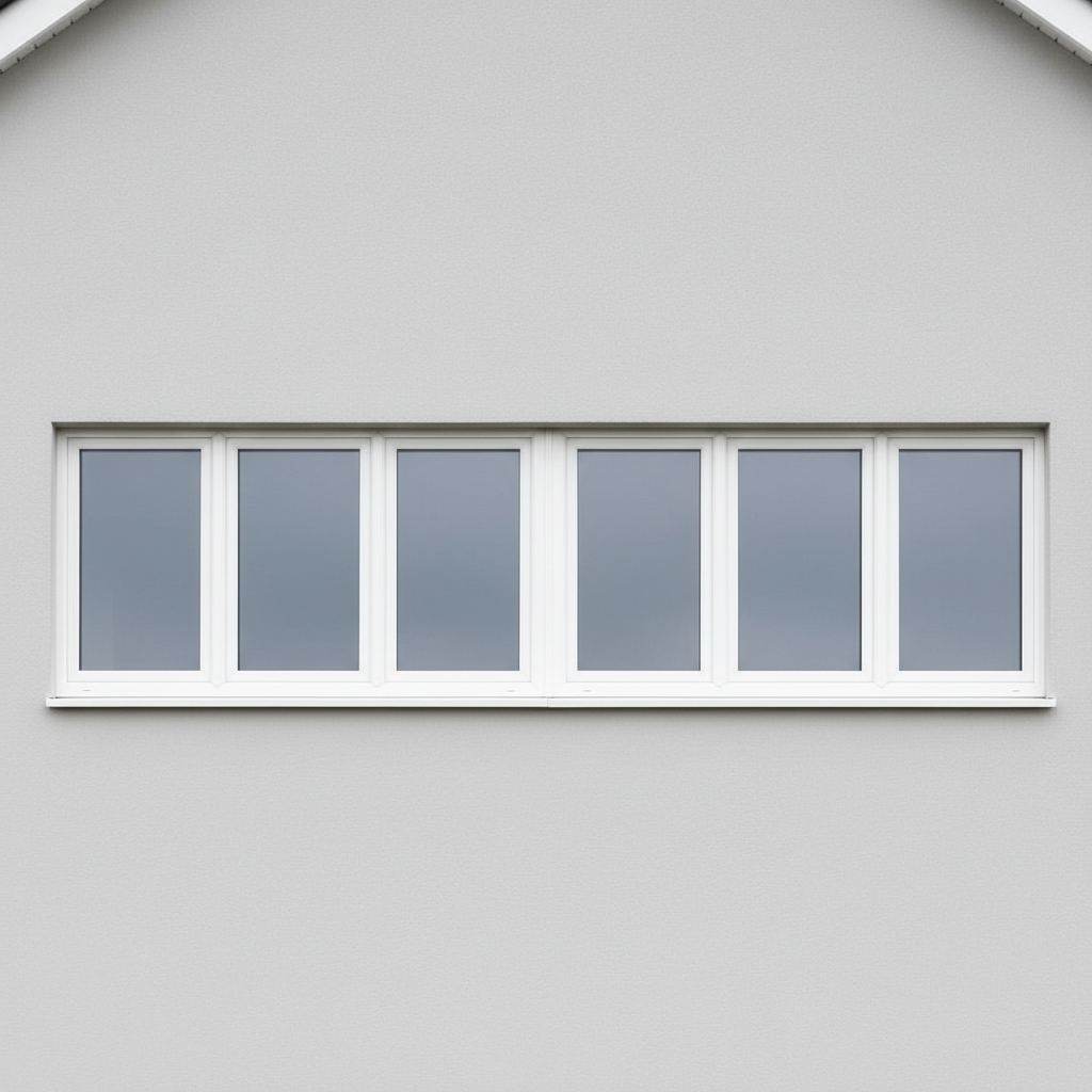 A modern residential façade featuring a row of uniformly replaced windows, each with matching white uPVC frames and double glazing, set into clean, newly rendered light-grey exterior walls. The alignment is perfectly straight, emphasizing careful installation and attention to detail. Soft overcast daylight provides even illumination, casting minimal shadows and allowing the geometry of the windows to stand out clearly. Captured from a slightly elevated, straight-on perspective with sharp focus throughout, the image highlights symmetry and order. The mood is trustworthy and established, projecting long-term durability and professionalism. Photographic realism with a clean, structured composition and neutral color palette, ideal for showcasing before-and-after style window replacement results without the “before” present in frame.